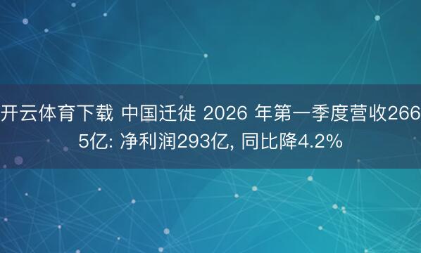 开云体育下载 中国迁徙 2026 年第一季度营收2665亿: 净利润293亿， 同比降4.2%